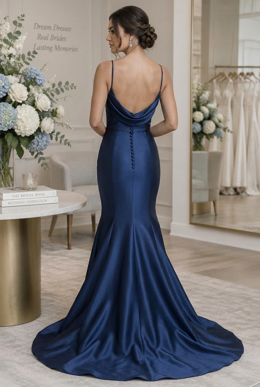 Vestido Azul – Liso con transparencia, Espalda