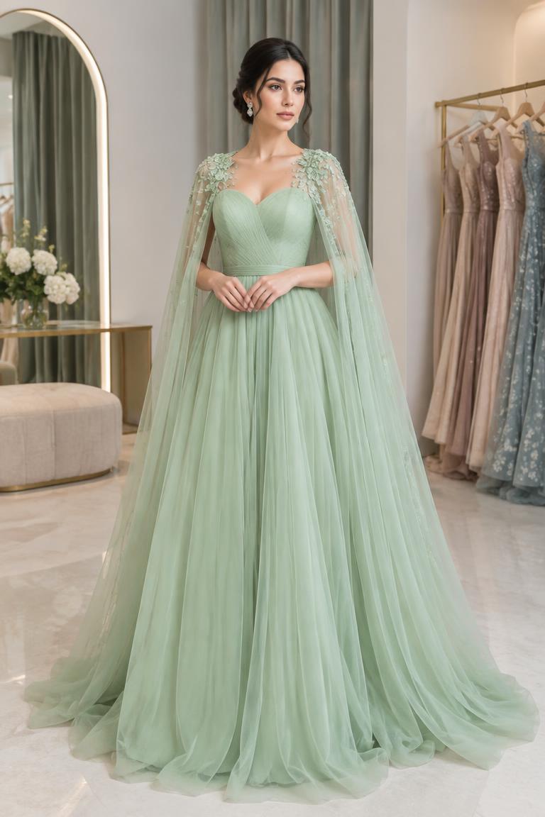 Vestido Pistacho – Con capa, Frente