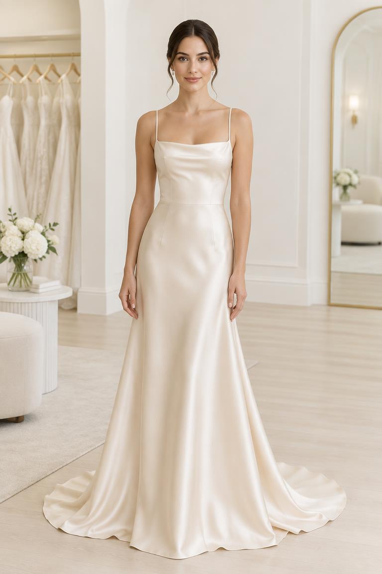 Novia Champagne – Satén minimalista, Frente